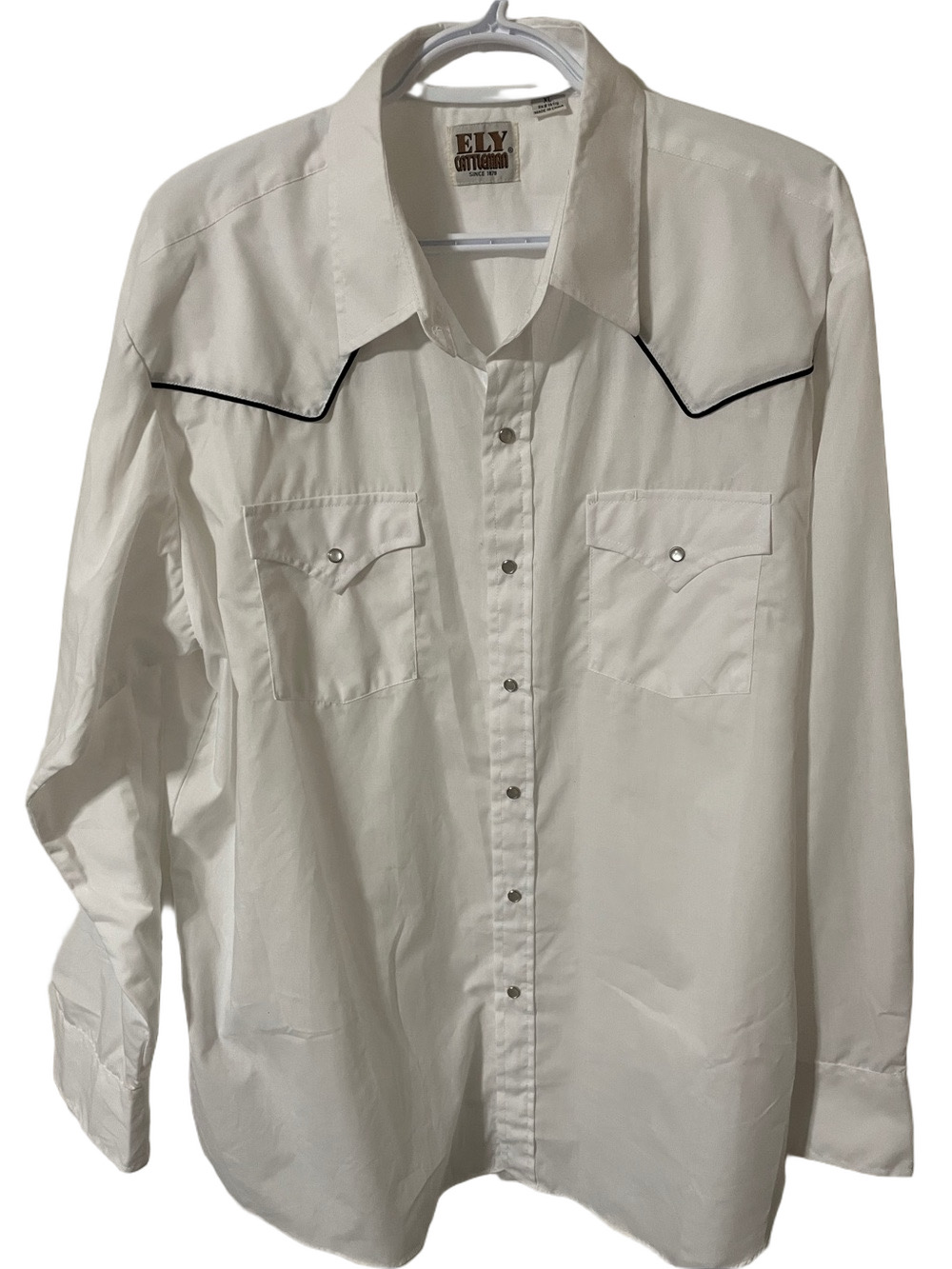 Vintage Ely Cattleman White Pearl Snap Western Shirt with Black Piping Size XL